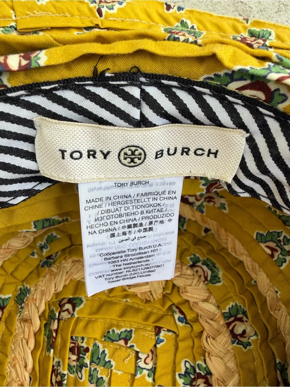 Rare Tory Burch Early 2010s Floral Raffia Wide Brim Sun Hat Tie Strap OS